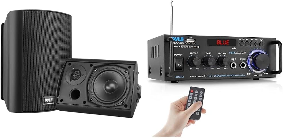Pyle Water Resistant Bluetooth Indoor/Outdoor Speaker System Bundle with 200W Stereo Amplifier