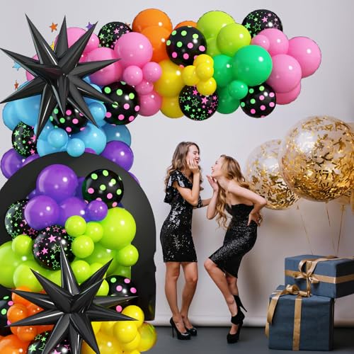 Image of Rainbow Balloon Arch Garland Kit, 137pcs Colorful Balloons whit Rainbow Star Dot Glow Dark Balloons for Dark Party Let's Glow Birthday Wedding Back to 80s 90s Disco Rock Roll Party Decoration