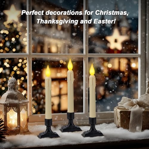 Image of 6 Pcs Sensor Dawn to Dusk Window Candles, Flickering Battery Candles for Windows, Ultra Bright Fake Candle Lights with Black Holders, Led Candlesticks for Xmas Home Decor, Warm Yellow Light
