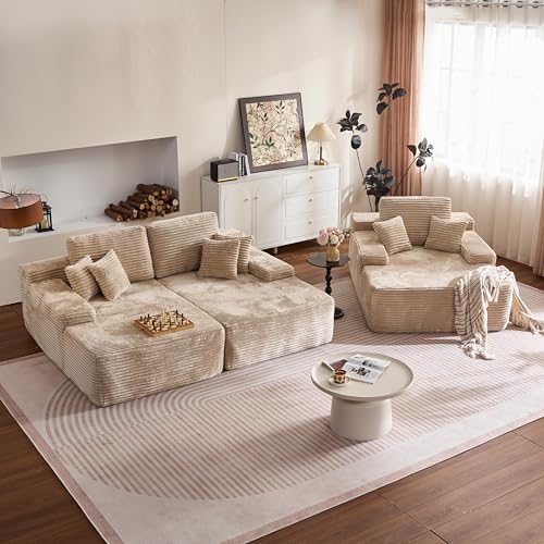 Image of HOOOWOOO Cloud Sectional Couches for Living Room,Modular Sectional Sofa No Assembly,Plush Corduroy Large Floor Couch Furniture Set with Deep Seat Double Chaise and Singlar Lounge(Beige)