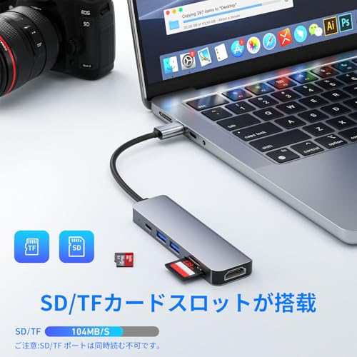 USB-C ハブ 6-in-1「4K HDMI映像出力＋PD 100W 急速充電＋USB3.0高速データ転送+SD&TFカードスロット搭載」HDMI Type C アダプタ 在宅勤務 設定不要 MacBook Pro/Air、iPad Pro、iMac、XPS、Surface Goなど対応