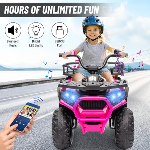 24V 4x4 Ride on Toys Car, BLISSRIDE Kids ATV Quad w/Kneepads, Bluetooth Music, LED Lights, Rear Storage Rack, Spring Suspension, Safe Soft Start&Brake, Electric 4 Wheeler for Kids Boys Girls,Rosered