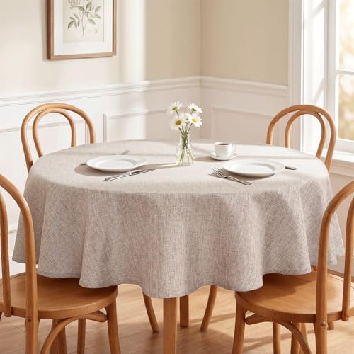 XWZO Faux Linen Round Tablecloth Wrinkle Free Stain Resistant Spillproof Washable Table Cloth for Kichen and Dinning Room Rustic Farmhouse Style Table Cover, Stone, 80 inch, Round by XWZO - Image 7