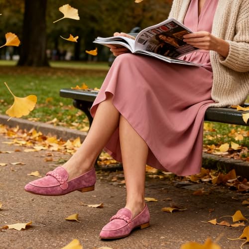 Image of MOOMMO Women Comfortable Suede Loafer Flats Round Closed Toe Slip On Penny Loafers Knitted Strap Oxford Loafer Shoes for Office Ladies Work Daily Casual Club Driver Flats Spring Elegant 4-11 M US