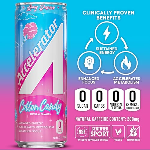 Image of Accelerator Active Energy Drink, Cotton Candy 12oz can (12 pack) | Zero Sugar, Sustained Energy from 100% Natural Caffeine (200mg from Green Coffee Bean & Green Tea extract)