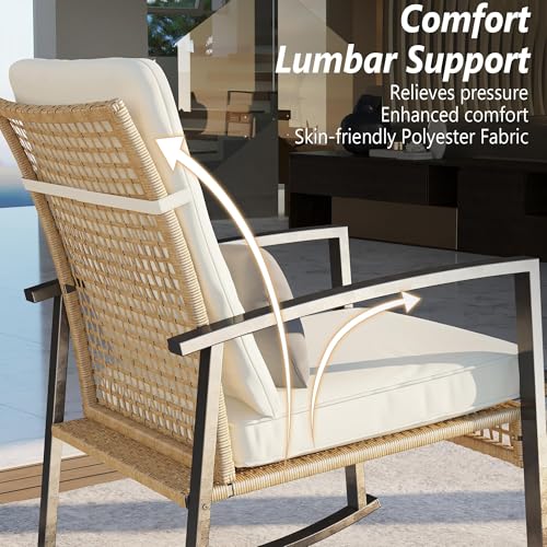 GRAVFORCE 3 Pieces Patio Bistro Set Outdoor Rocking Chair and Table Set with Lumbar Pillow Patio Bistro Chair Sets for Garden Backyard Poolside 3 GRAVFORCE 3 Pieces Patio Bistro Set Outdoor Rocking Chair and Table Set with Lumbar Pillow Patio Bistro Chair Sets for Garden Backyard Poolside - Image 3