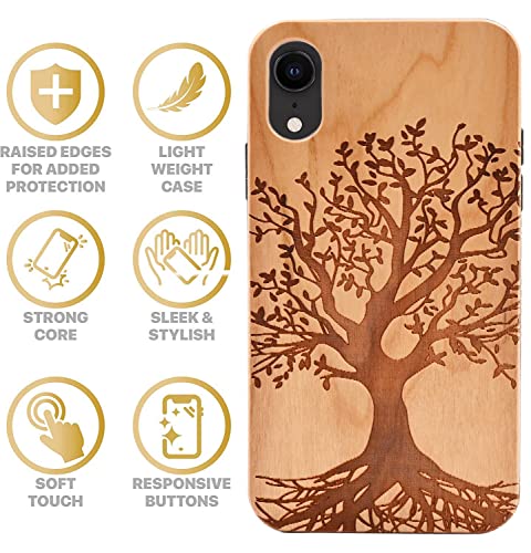 Cyd-W Wood Case For Iphone Xr [Hard Real Wood & Soft Tpu] Shockproof Hybrid Protective Cover Unique & Classy Wooden Case, Life Tree #TOP2