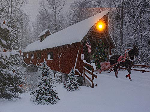Banberry Designs Lighted Christmas Wall Art - Led Red Covered Bridge And Horse Christmas Picture thumb #1