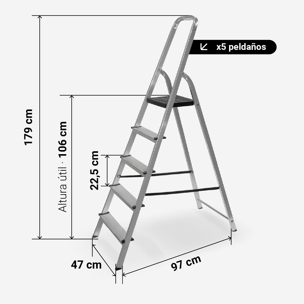 Escalera Plegable de Aluminio, con Barandilla Superior, Pies Antideslizantes, Plataforma de Apoyo, para Uso Doméstico, Peldaños Antideslizantes, Escalera de Tijeras (5 PELDAÑOS)