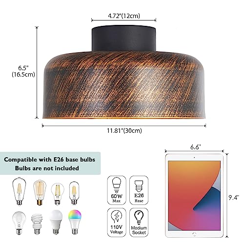 Bisamiya Industrial 11.8" Flush Mount Ceiling Light, Drum Metal Shade, Bronze Close To Ceiling Light Fixture For Entryway, Hallway, Porch, Kitchen, Dining Room #TOP2