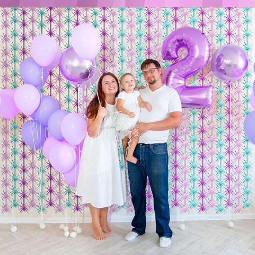 Image of Yuntau 2 Packs Spider Birthday Decoration Pink Purple and Blue Spider Birthday Party Supplies 3.3 x 6.6 ft Tinsel Foil Fringe Curtains Props Backdrop Streamers Halloween Party Supplies