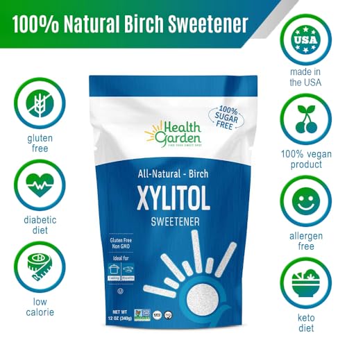 Health Garden Birch Xylitol Sweetener - 12 OZ Resealable Bag -Pure Birch Xylitol - Non GMO, Kosher, and Made in the U.S.A. - Ideal Powdered Sugar Substitute - Non-GMO Sugar Alternative