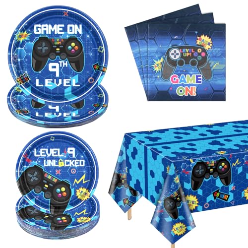 61 Pcs Video Game Party Supplies Game On Birthday Decor Paper Plates Napkins Video Game Tablecloth Gaming Party Supplies for Kid Boy 9th Birthday Party, Serves 20 (9th, 20)