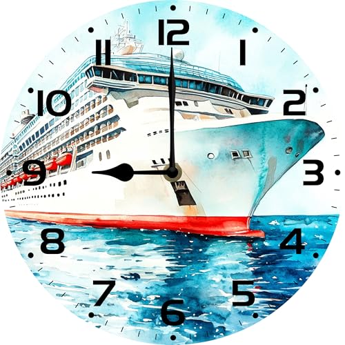 Geroclonup Orologio da parete con nave da crociera 25 cm silenzioso senza ticchettio a batteria orologi fattoria rotonda in legno arte da parete per soggiorno camera da letto bagno ufficio