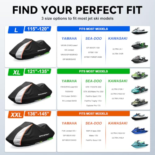 Image of Jet Ski Cover 136-145 Inch, 600D Heavy Duty Trailerable PWC Cover | Waterproof UV Resistant, Fits Seadoo Yamaha Kawasaki Personal Watercraft, Personal Watercraft Cover for 3 Seater Jet Ski