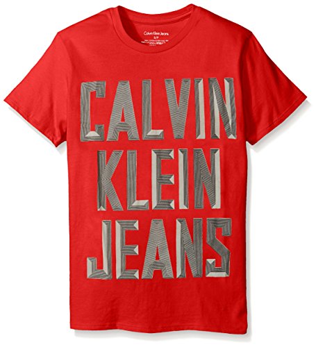 Calvin Klein Big Boys' Slogan Crew Neck Short Sleeve, Fireside, Large