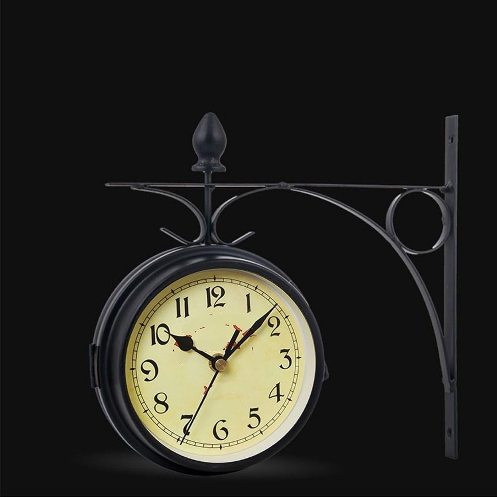 Bahnhofsuhr Doppelseitige Outdoor-Uhr, langlebige Metalluhr, Heimdekoration, Gartendekoration(Black-A)