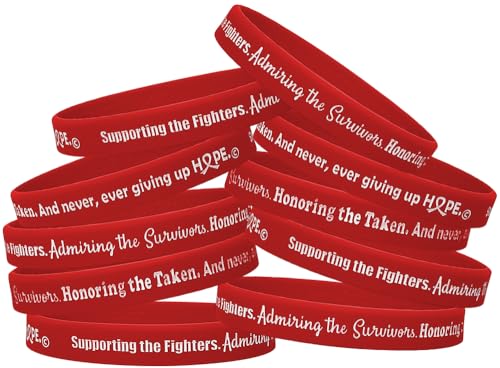 Fight Like a Girl Supporting, Admiring, Honoring Silicone Wristband Bracelet for Heart Disease, Stroke, AIDS Awareness - Red (10 Pack)