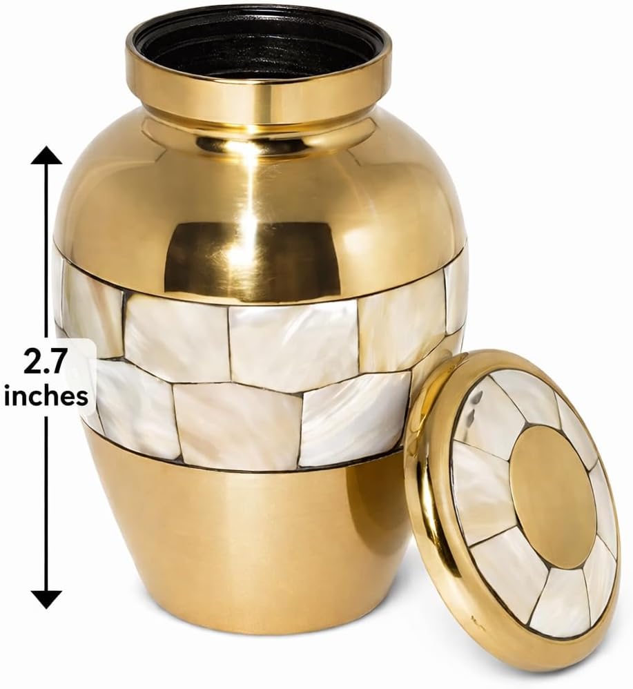 Small Keepsake Urn 2.7 Inches - Made of Pure Brass and Mother of Pearl - Golden Color image 2