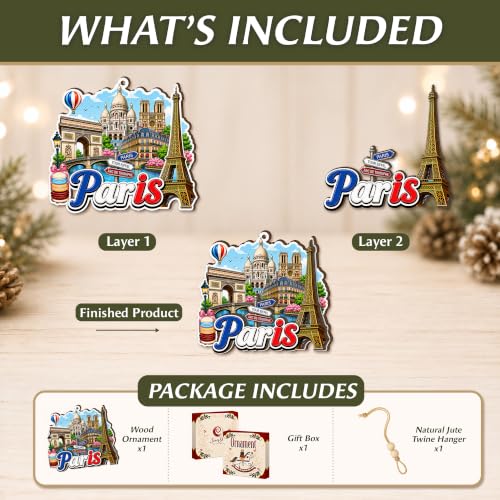 Paris Christmas Ornament 2026 - France Travel Souvenir Gift for Traveler, Mom, Dad, Coworker, Boss, Friend, Adult - Eiffel Tower Double Layer Wooden Hanging Xmas Tree Decor Keepsake by SunSky Gallery - Used condition - Image 7