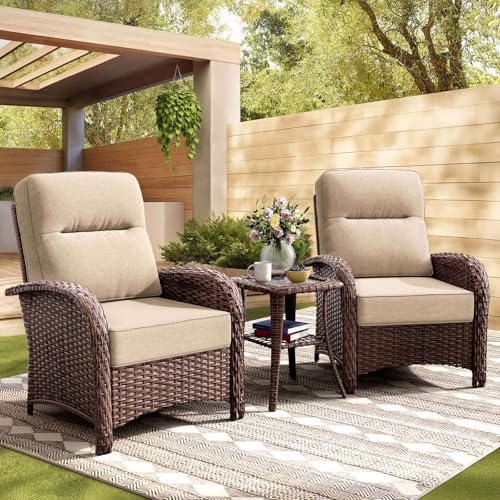 NUSBAY 3-Piece Wicker Patio Furniture Set with 6" Thick Cushions, Weather-Resistant High Back Fixed Arm Chairs, Senior-Friendly Conversation Set for Small Porch, Deck and Sunroom, Beige