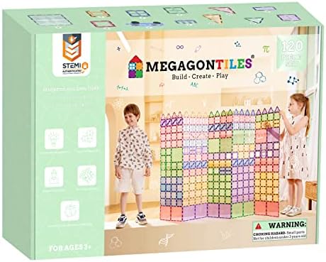 MEGAGONTILES 120PCS Magnetic Tiles | STEM AUTHENTICATED |Magnetic Blocks | Star Magnetic Tiles | Magnetic Building Blocks| Toddler Boys Girls 3-10 Year Old | Idea Books & Storage Bag