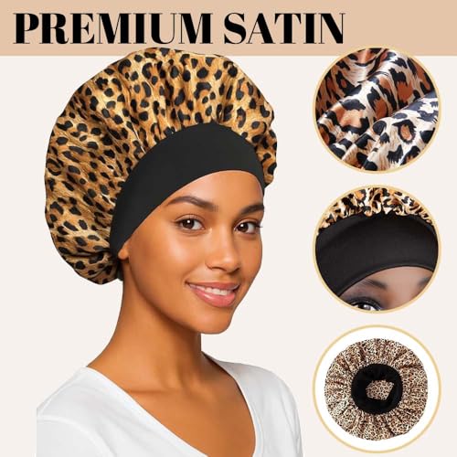 ZENQARI 1 Stück Satin Schlafmütze Damen Schlafmütze verhindert nächtliches Haar-Kräuseln-Form, Sprödigkeit und Bruch anwendbar für alle Haartypen Frauen (Leopardenmuster)