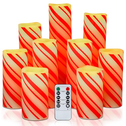 Image of VIHOSE 9 Pcs Candy Cane Stripe Christmas LED Flameless Pillar Candles Holiday Collection Flameless Candles with Remote and Timer Unscented Christmas Candycane Decor for Xmas Party Decorations Home