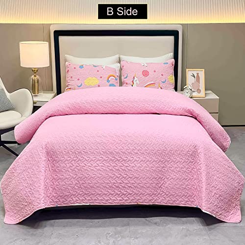 Vivilinen Kids Quilt Set Queen Size Bedding Set For Girls 3-Piece Pink Unicorn Rainbow Comforter Quilted Reversible Bedspread Coverlet Set Lightweight Bed Sheet Set Cover Blanket With 2 Pillow Shams #TOP3