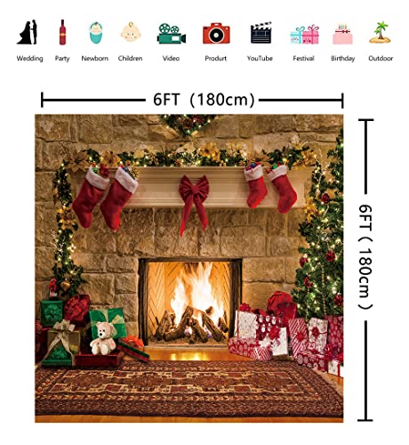 Noël Cheminée Toile de Fond Vintage Tapis Arbre De Noël Photographie Fond Enfant Famille Joyeux Noël Photo Booth 6x6FT – Image 7