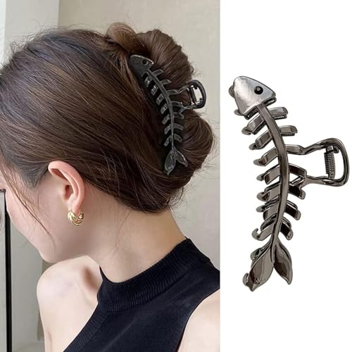 1 pince à cheveux en métal en forme d'arête de poisson pour cheveux fins et épais (arête de poisson noire)