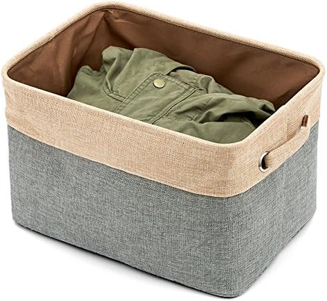 EZOWARE 3 Pack Canvas Linen Tweed Fabric Storage Basket Bins, Foldable Nursery Cube Boxes with Handles for Baby Kids Room Toys Wardrobe Clothes Organisers - (38 x 27 x 24 cm, Beige and Gray)
