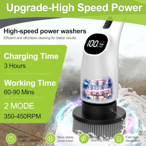 Image of WKY-Electric Spin Scrubber - 10-in-1 Cordless Shower Scrubber & Cleaning Brush with Extendable Handle, 42 in-lbs Ultra High Torque, 2 Speeds, IPX7, LED Display, Smart AI Chip, for Bathroom, Kitchen