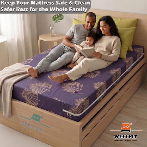 Image of WELLFIT Premium Glace Cotton 300 TC Mattress Protector King Size | 78x72x8 Inches | Bed Cover with Zip | Mattress Cover with Zipper Chain | 6.56x6