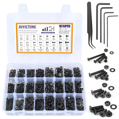 1615 PCS Hex Flat Head Cap Bolts Nuts Washers Assortment Kit with Hex Wrenches 10.9 Grade Alloy Steel Replacement Machine Fastener Screws and Bolts Nuts for 3D Printer Remote Control Projects and DIY