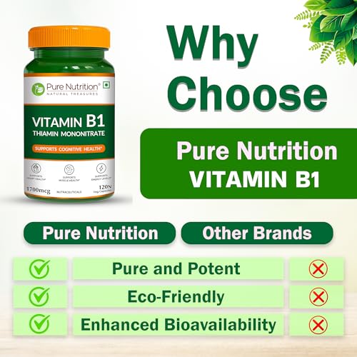 Image of Pure Nutrition Vitamin B1 Supplements (Thiamine Mononitrate) 1700 mcg | B1 Vitamin Thiamine Supplements Supports Energy, Brain, Heart & Muscle Health - 120 Veg Capsules