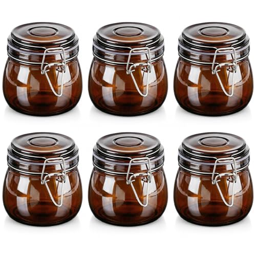 Norme 6 Pack Amber Airtight Glass Jars, Round, 16 oz, with Lids