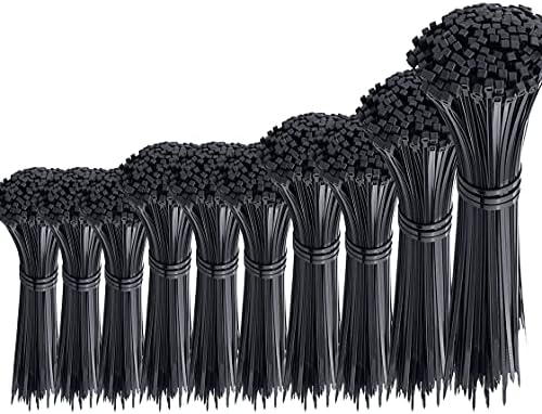 Oksdown 1000 Pieces Black Nylon Cable Ties Mixed Pack Heavy Duty Strong Self Locking Long Plastic Zip Tie Wraps Assorted Sizes 100/150/200/250/300mm Length 4/6/8/10/12 Inch, 2.5/3.6mm Width