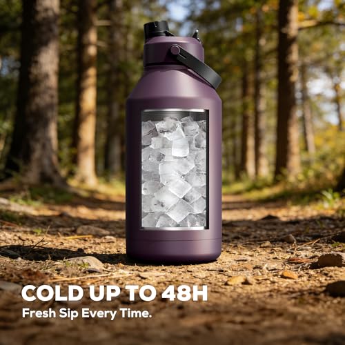 Image of POWCAN 64 oz Insulated Water Bottle with 2-in-1 Straw & Spout Lid, Leakproof, Top Handle, Keep Cold 48H, BPA-Free, Brush, Metal Water Bottle with Carrier Bag for Work, Sports, Travel and Gym (Plum)