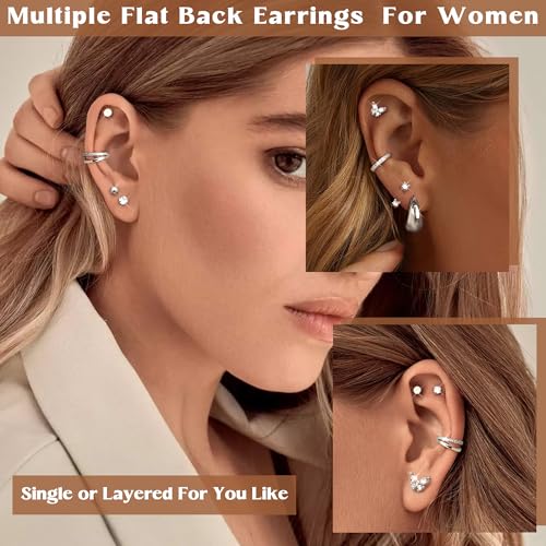 Hypoallergenic Surgical Steel Earrings for Women -14K Gold Flat Back Earring Stacks Stainless Steel Stud Earring Dainty Hoop Cartilage Earrings Sets for Multiple Piercing3