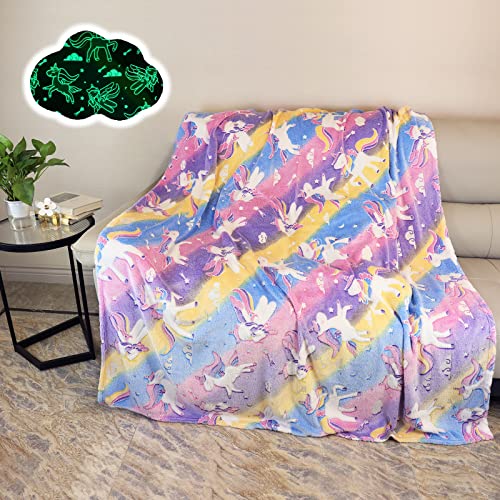 AVJWWD Glow in The Dark Throw Blanket, Unicorn Flannel Fleece Throw Blanket,All Season Blanket Couch Sofa Nap Blanket for Kids Girls Boys Adults Gifts (Unicorn A, 150 x 200 cm)