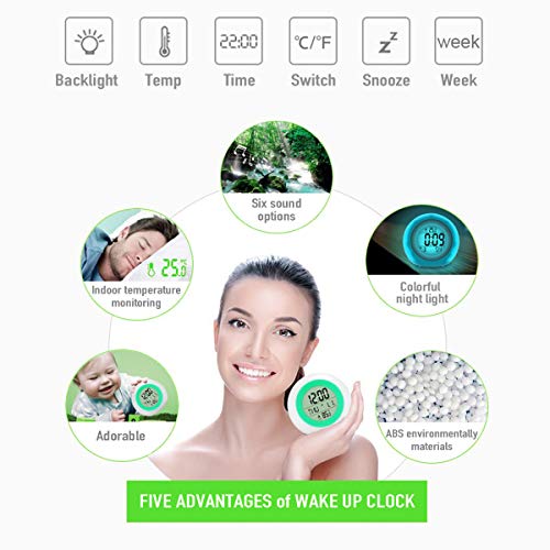 Kids Alarm Clock, sveglia per bambini, 7 colori che cambiano la luce per ragazzi e ragazze, funzione snooze, 8 suonerie, 12/24 ore, controllo one-tap, visualizzazione della temperatura interna - Image 6