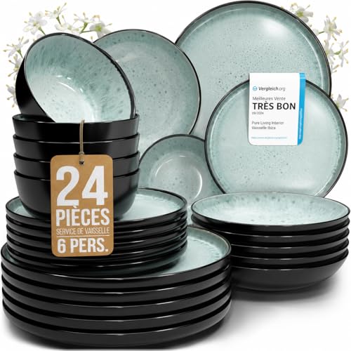 Pure Living Service de table 24 pièces pour 6 personnes – Beau service de table en grès de style méditerranéen pour 6 personnes – Passe au...