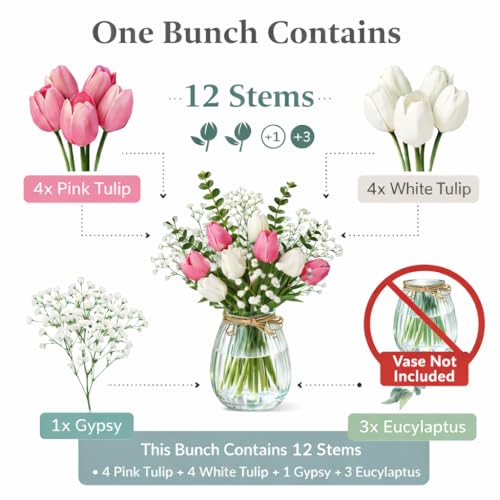 Image of Divyakosh Artificial Flowers for Home Decoration, Flora for Decor | Artificial Flowers for Vase (VASE NOT Included) Home Decor Items for Living Room, Ready-to-FitArtificial Tulip Flower Bunch |