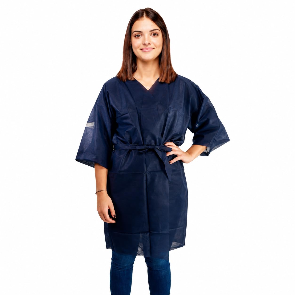 100 Batas desechables kimono de polipropileno 30 g talla única 95 cm, media manga, cierre cinturón, hipoalergénicas, uso estética, peluquería, spa y centros de belleza (Azul marino)