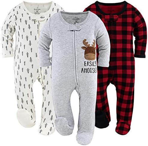 The Peanutshell Footed Baby Sleepers for Boys or Girls, Buffalo Plaid & Woodland, 3 Pack Set (Newborn) Red