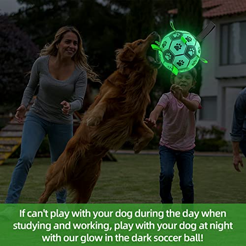 Image of Glow in The Dark Dog Toys, 8'' Dog Soccer Ball with Straps Upgraded Interactive Light Up Dog Toys, World Cup Dogs Football, Outdoor Tug Toys for Medium & Large Dogs Birthday Gifts(8 Inch-Large)