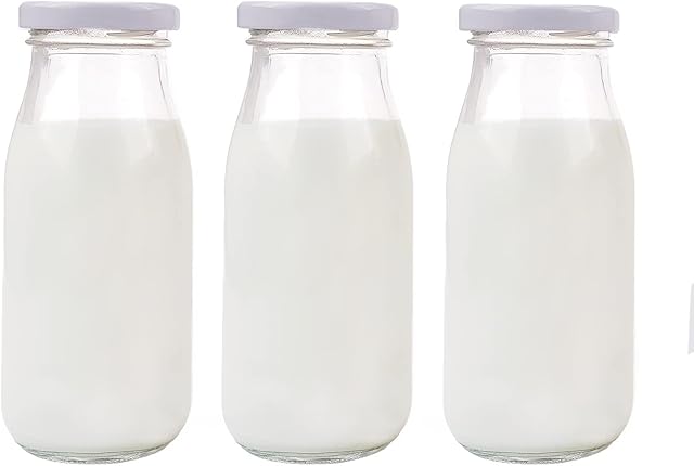 Danmu Art 3pcs 250ml Glass Milk Bottle with Pretty White Lids Small Glass Jars for Decoration