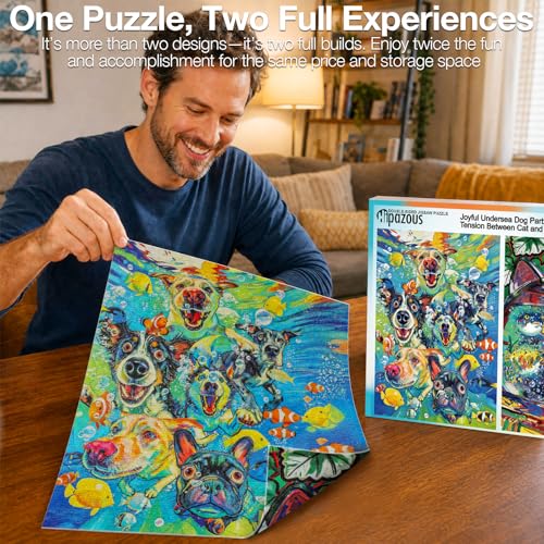 Double-Sided 1000-Piece Jigsaw Puzzle for Adults,DIY 24-Section Calendar Puzzle, Joyful Undersea Dog & Tension Between Cat and Fish, Challenging Family Fun& Home Decor,Hipazous — view 3