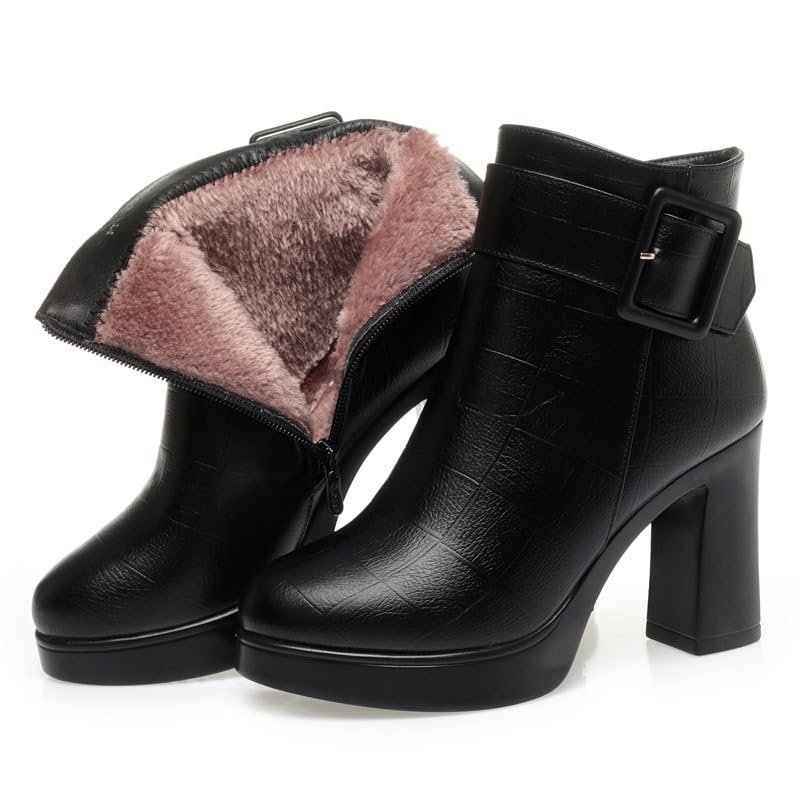 Womens Matte Zip Fashion Round Toe Party Solid Chunky High Heel Ankle High Boots for All-Season Casual Wear